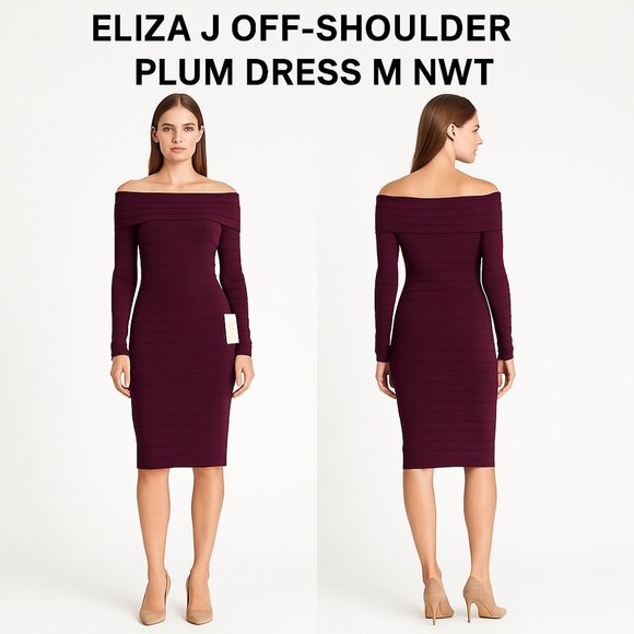 ELIZA J Off-Shoulder Plum Bodycon Midi Dress M NWT - Picture 1 of 10